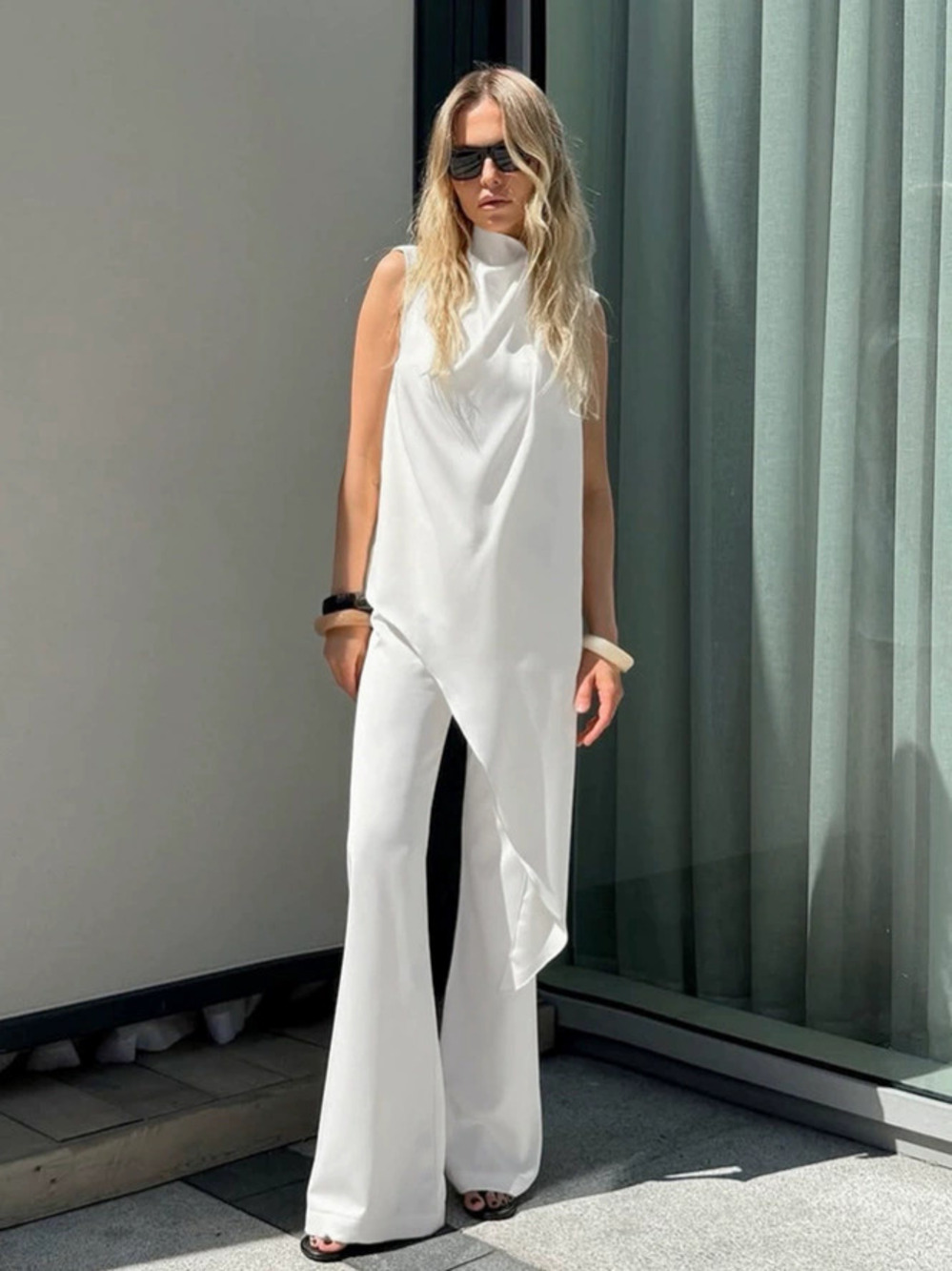 Zara White Summer 2-Piece Asymmetric Tie Neck Sleeveless Top Wide Leg Pants